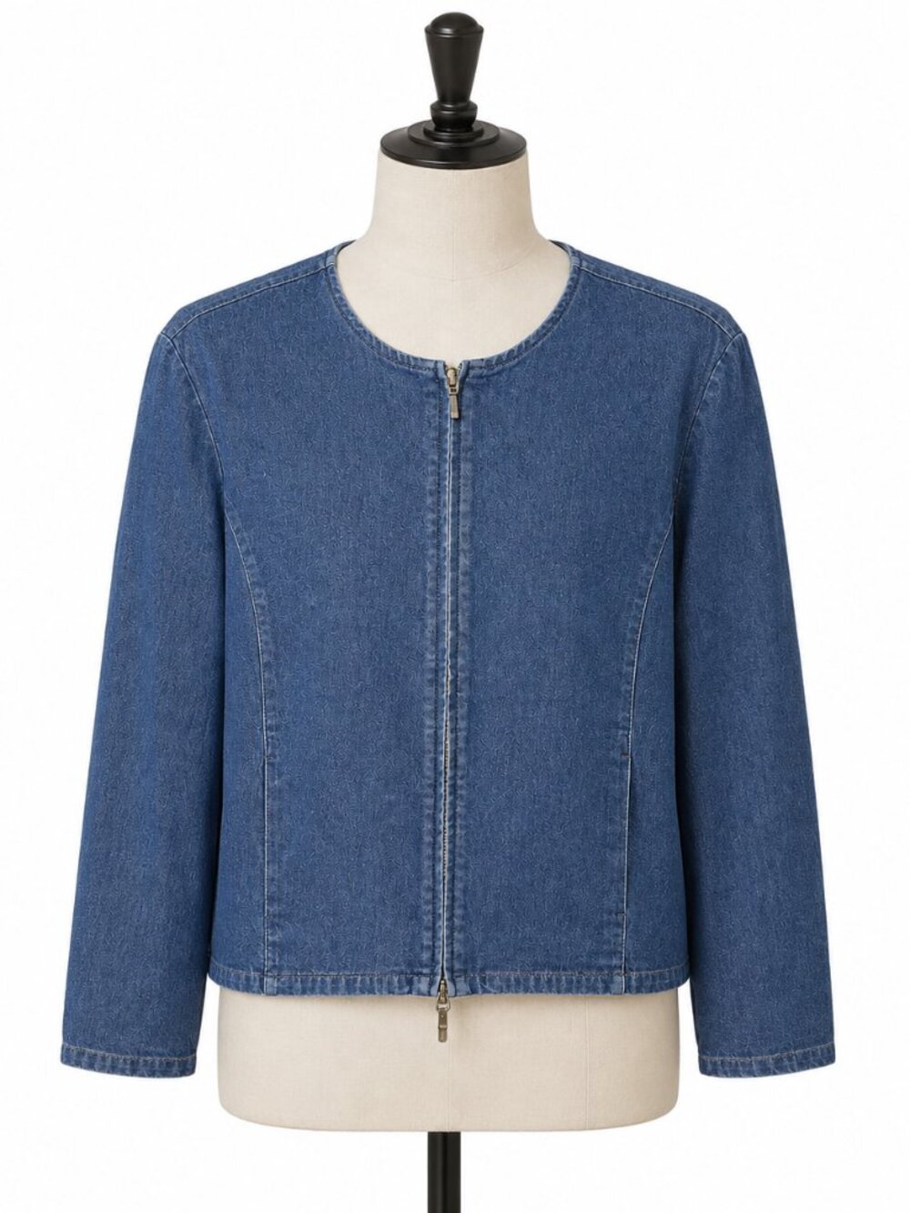 Vintage Eddie Bauer Collarless Zip Denim Jacket Blue Cotton Blend Size L
